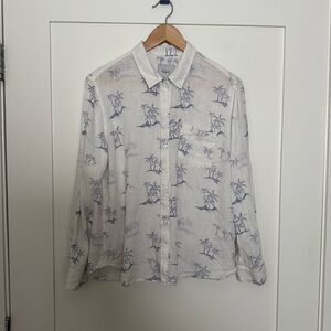Rails Charli Blue Hawaii Shirt Womens Sz L White Long Sleeve Palm Linen Rayon